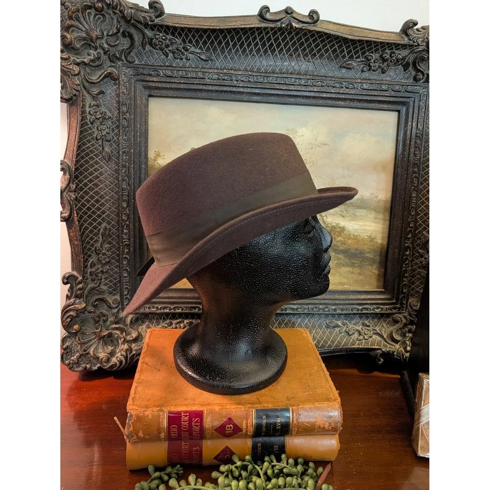 Doeskin Felt Brown 100% Wool Fedora Hat Grosgrain Ribbon Bow Geo W Bollman USA
